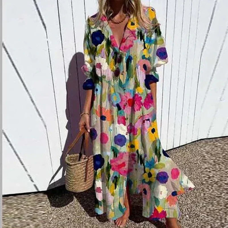 Floral maxi dress with V-neckline and long sleeves worn with woven basket bag