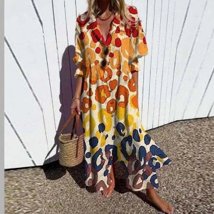 Multi-color floral print maxi dress with relaxed flowing silhouette and ankle length