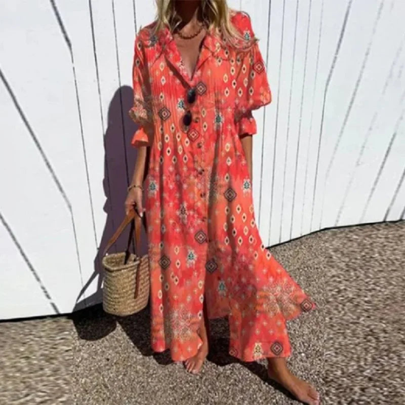 Full-length floral maxi dress with loose fit and colorful abstract floral print