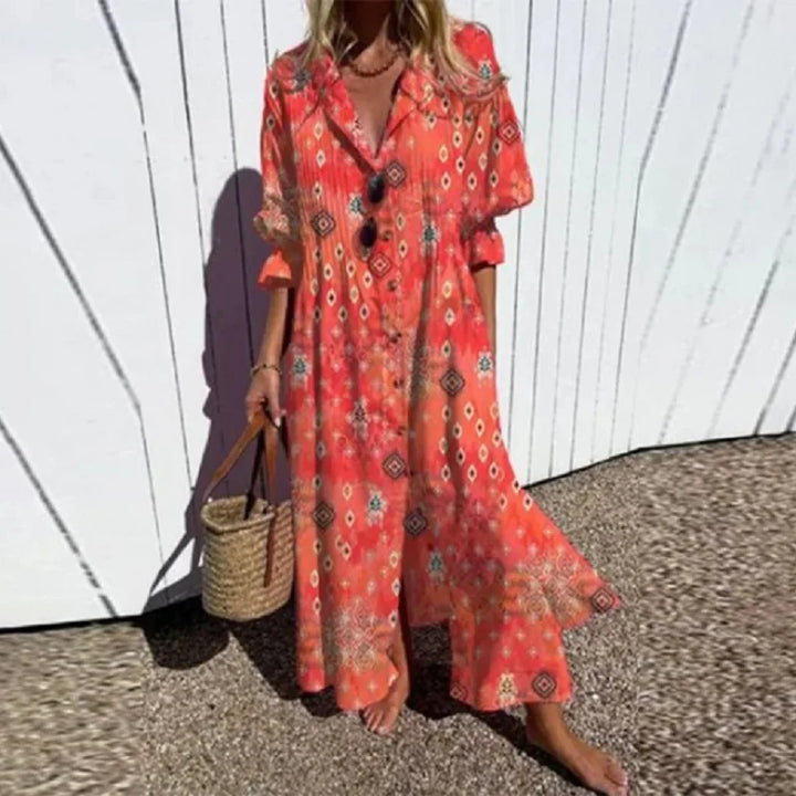 Full-length floral maxi dress with loose fit and colorful abstract floral print