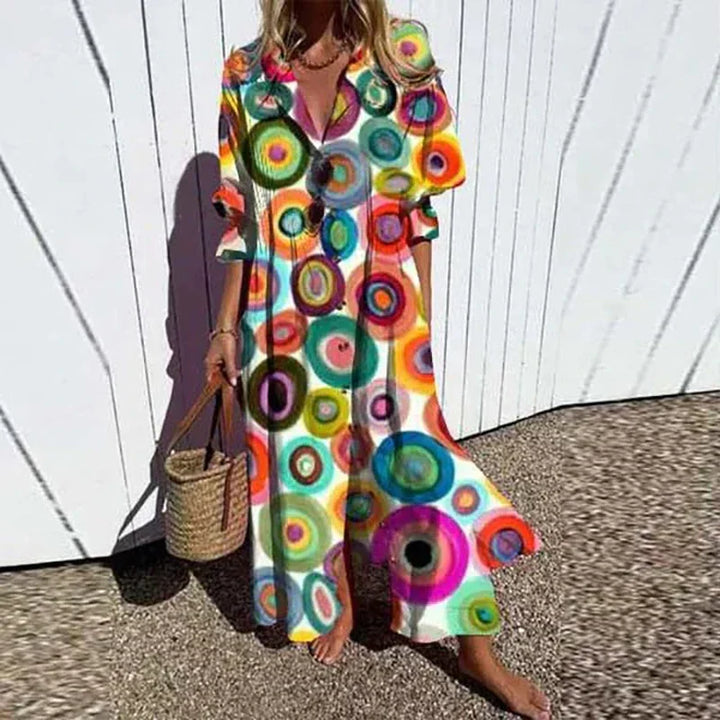 Casual floral maxi dress with soft drape and all-over multi-color print