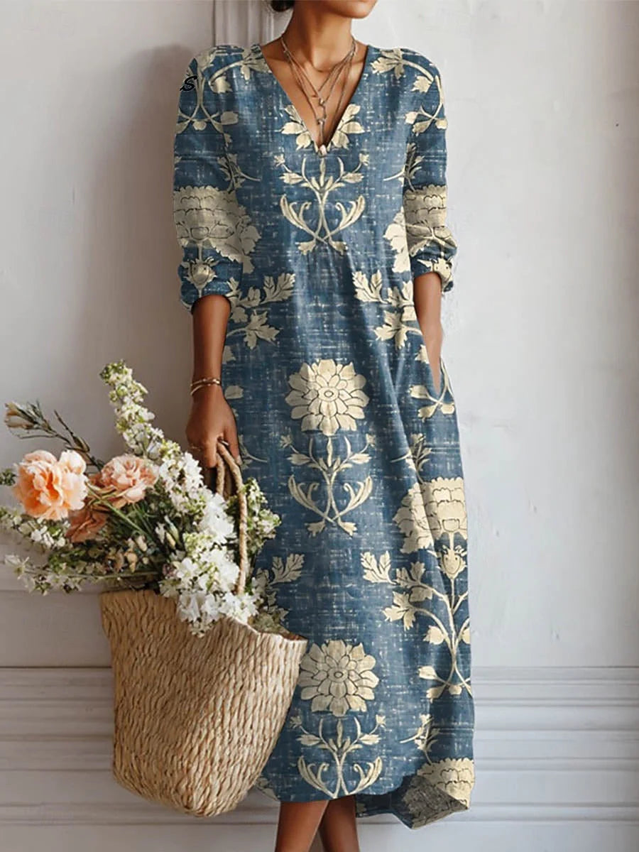 Aaliyah Midi Cotton Dress with floral print, V-neckline, and three-quarter sleeves in blue and cream tones for everyday wear