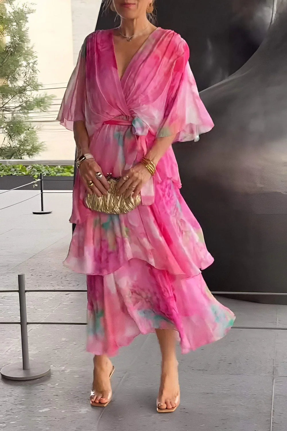 Close-up view of Spring Floral Tiered Chiffon Dress showing three-tier construction and soft floral pattern