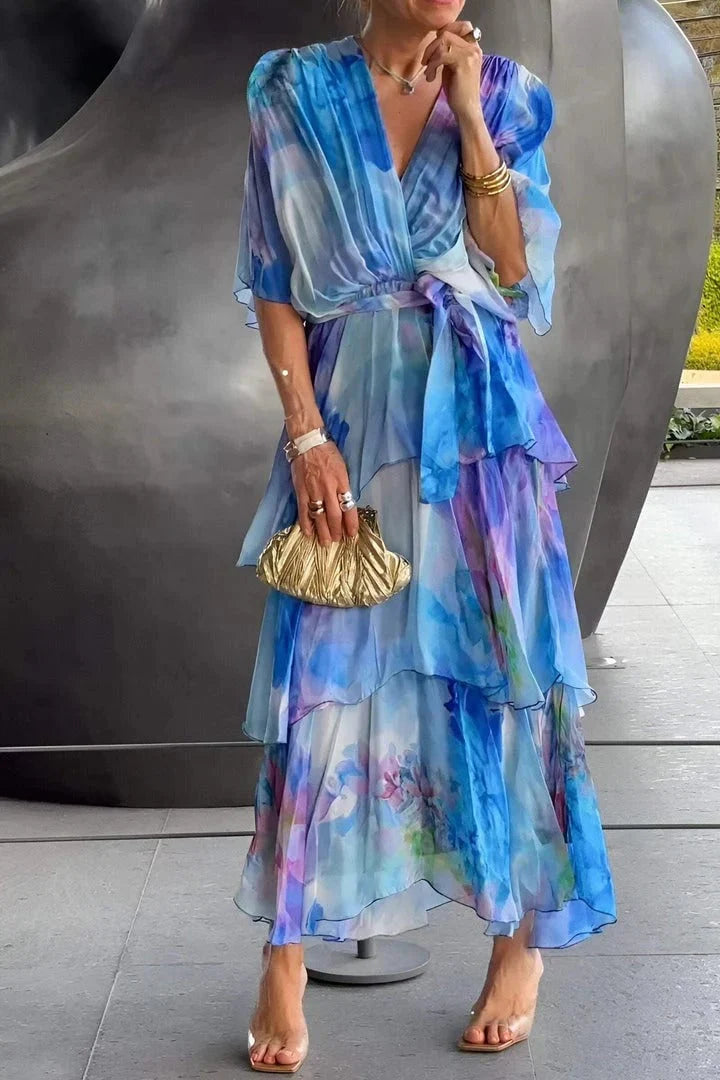 Spring Floral Tiered Chiffon Dress styled with sandals for casual daytime event or garden party