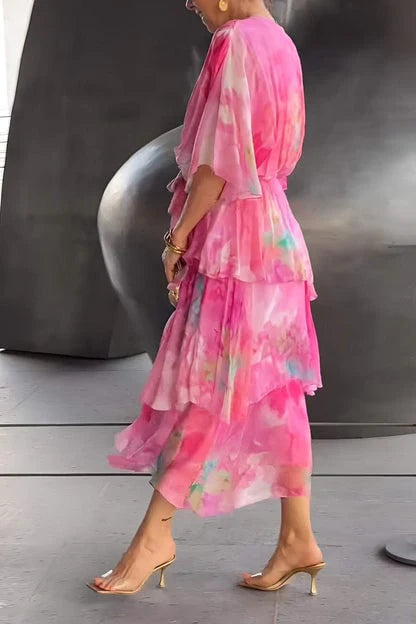 Full-length view of Spring Floral Tiered Chiffon Dress in blue and purple watercolor floral print