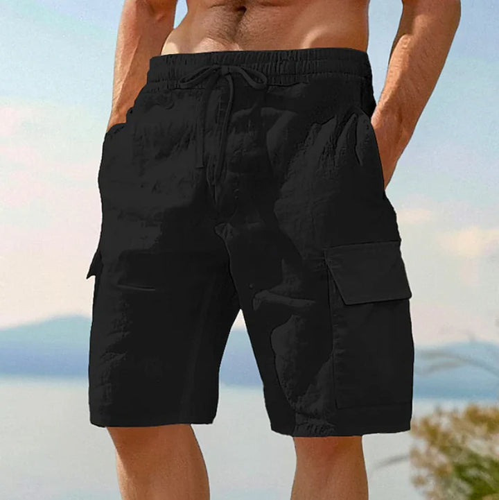 Men's black cargo shorts with drawstring waist and utility pockets for casual summer wear