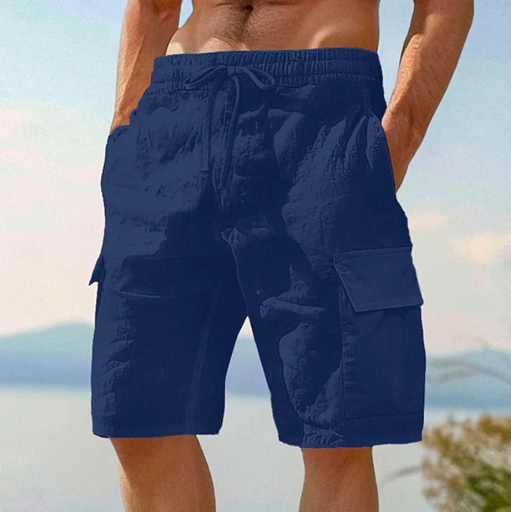 Rear view of men's cargo shorts showing relaxed fit and functional cargo pocket design