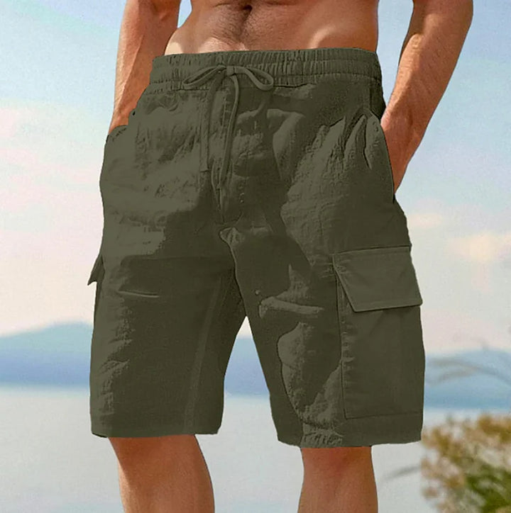 Side profile of men's cargo shorts with mid-thigh length and structured woven fabric