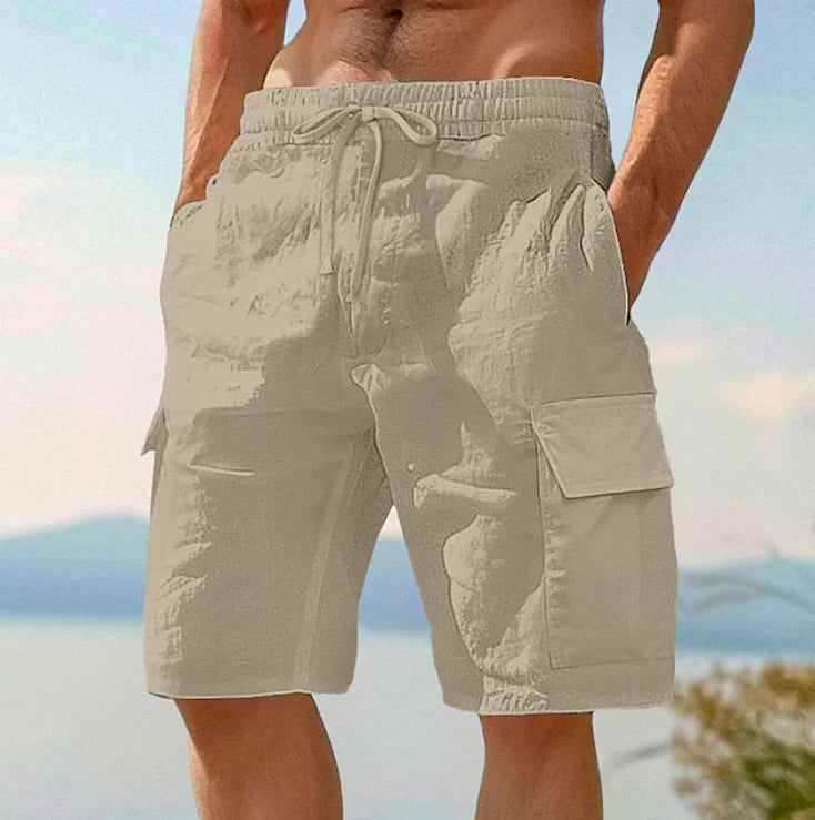 Close-up of cargo shorts drawstring waist and elasticated band for adjustable fit