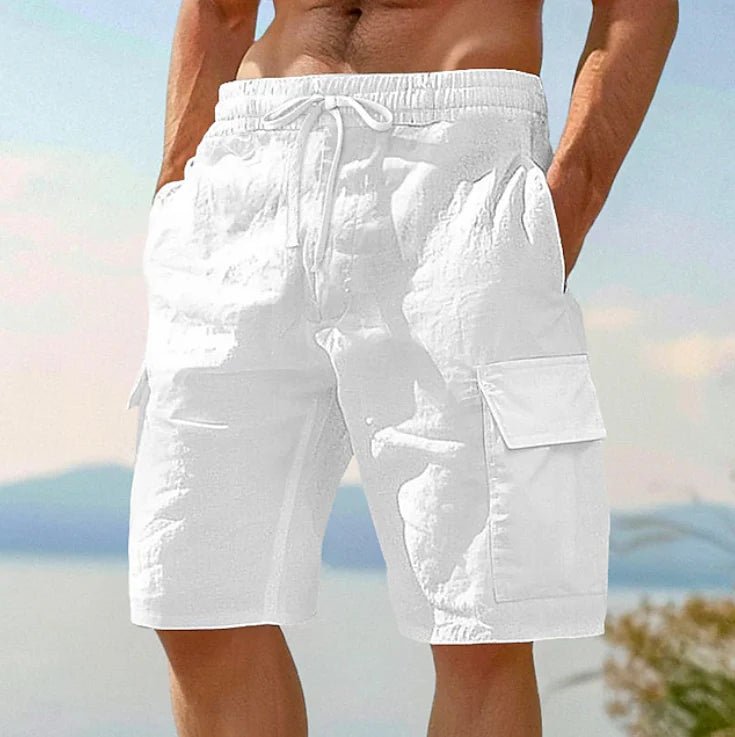 Detail of cargo shorts utility pockets and smooth finish fabric for warm-weather comfort