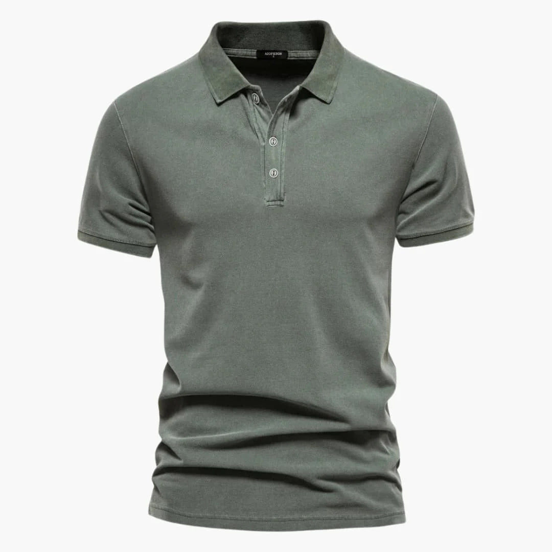 Adam men's tapered fit polo shirt in army green with fold-over collar and three-button placket displayed on neutral background