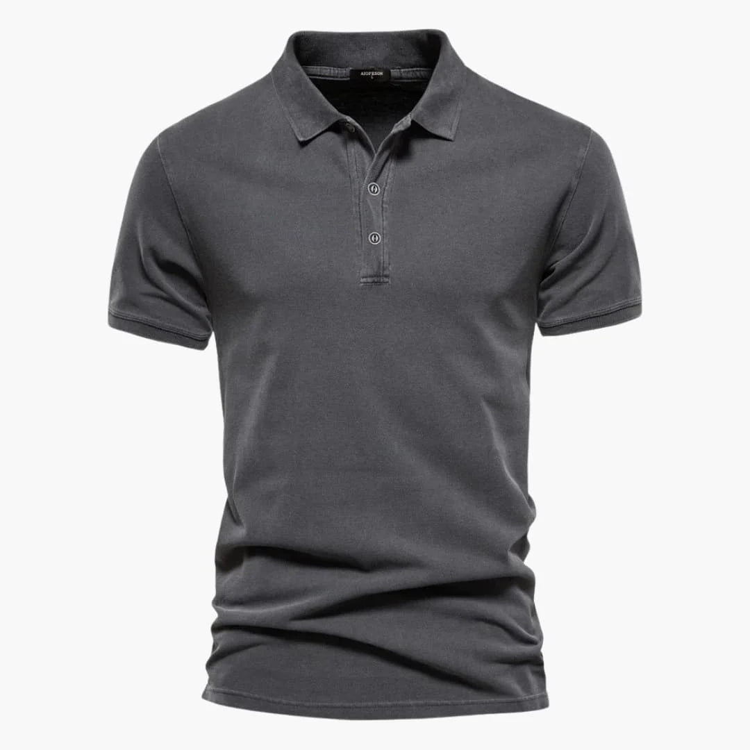 Men's polo shirt flat lay showing fold-over collar and button placket in solid color design