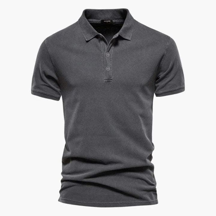 Men's polo shirt flat lay showing fold-over collar and button placket in solid color design
