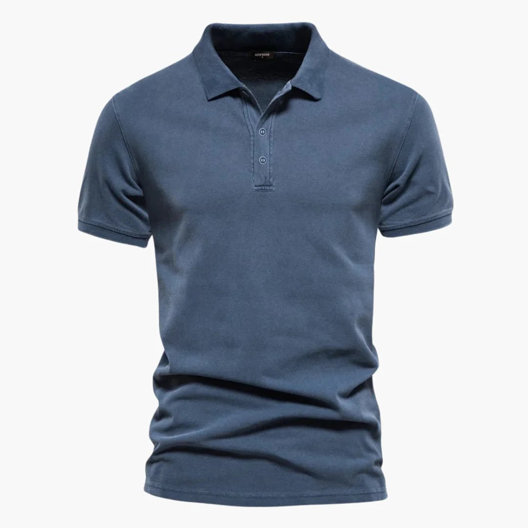 Full front view of tapered fit polo shirt in army green showcasing modern fit and classic styling