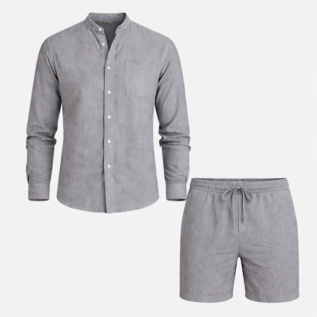 Gray men's matching set with long sleeve shirt and knee-length shorts for casual wear