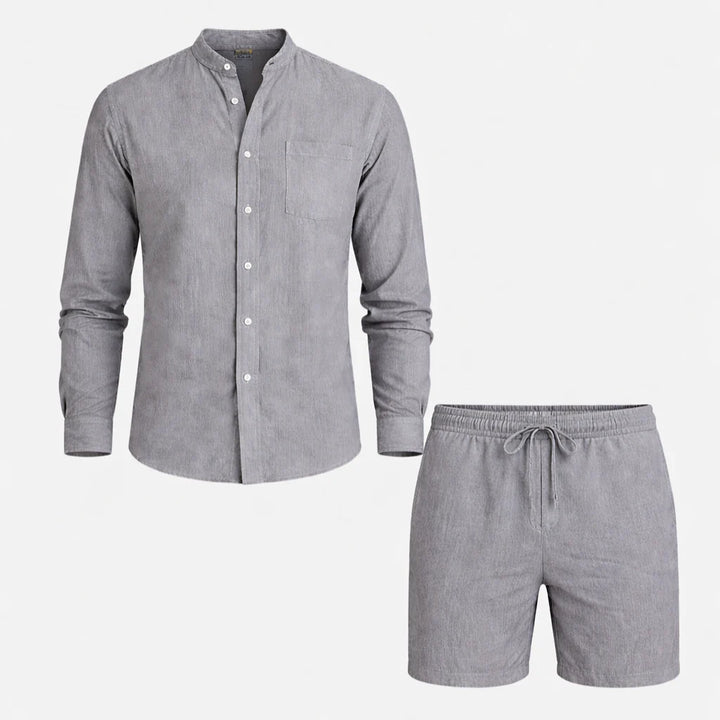 Gray men's matching set with long sleeve shirt and knee-length shorts for casual wear
