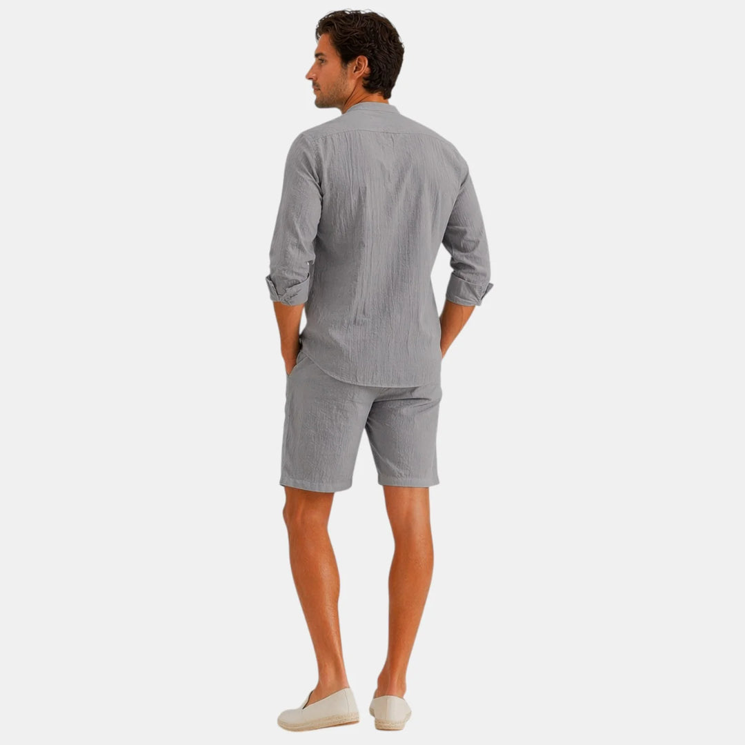 Casual men's long sleeve shirt and shorts set with natural drape and textured finish