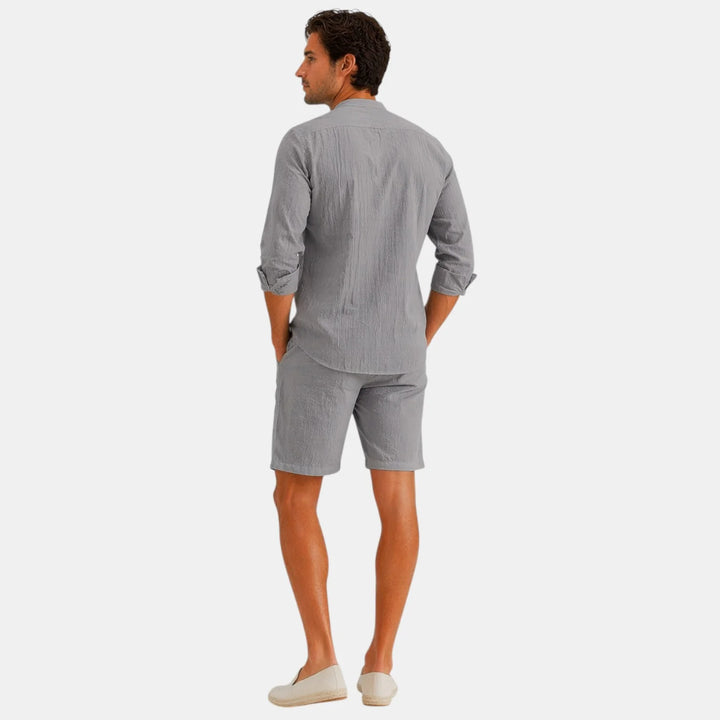 Casual men's long sleeve shirt and shorts set with natural drape and textured finish