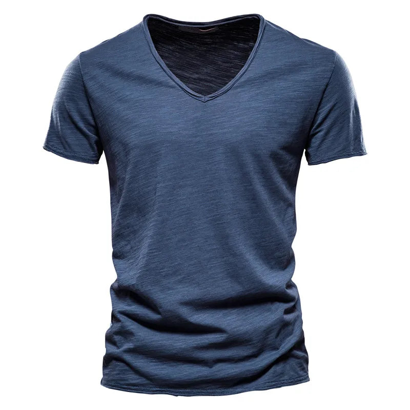 Men's V neck cotton tshirt in blue with short sleeves and relaxed fit for casual wear