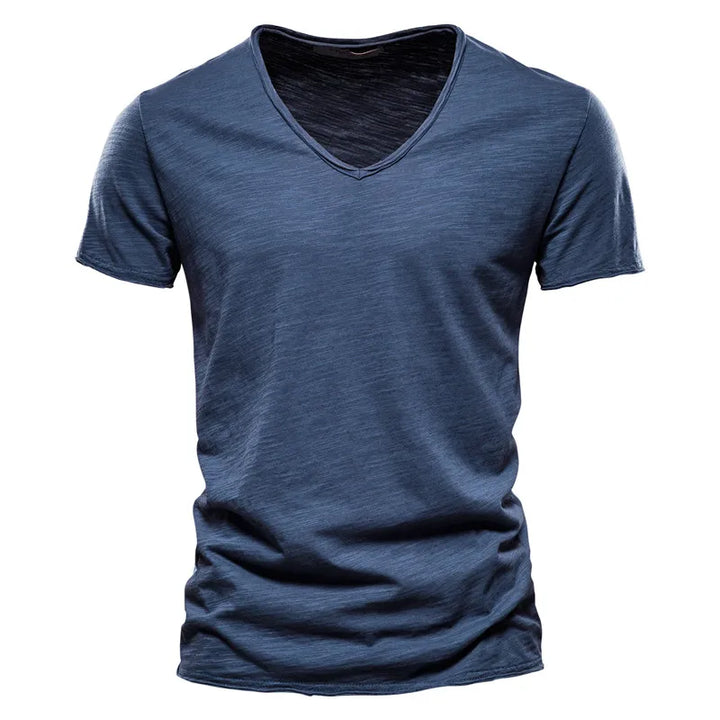 Men's V neck cotton tshirt in blue with short sleeves and relaxed fit for casual wear