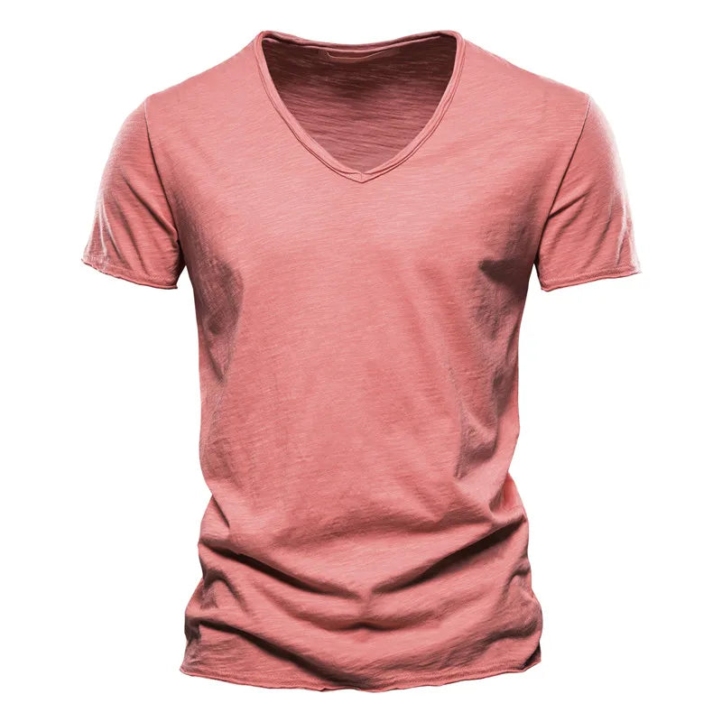 Close-up view of V-neckline detail on men's cotton tshirt with soft fabric texture