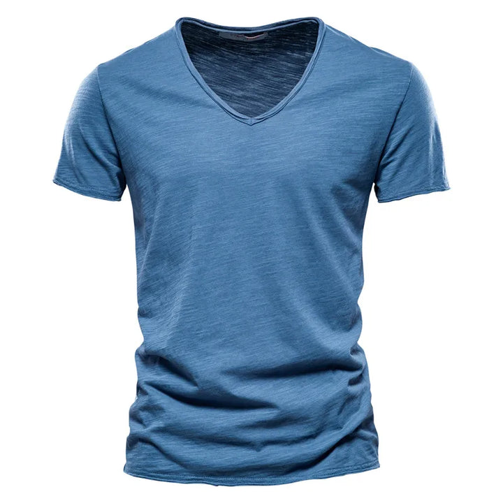 Men's short sleeve V neck tshirt in blue displayed flat showing clean silhouette