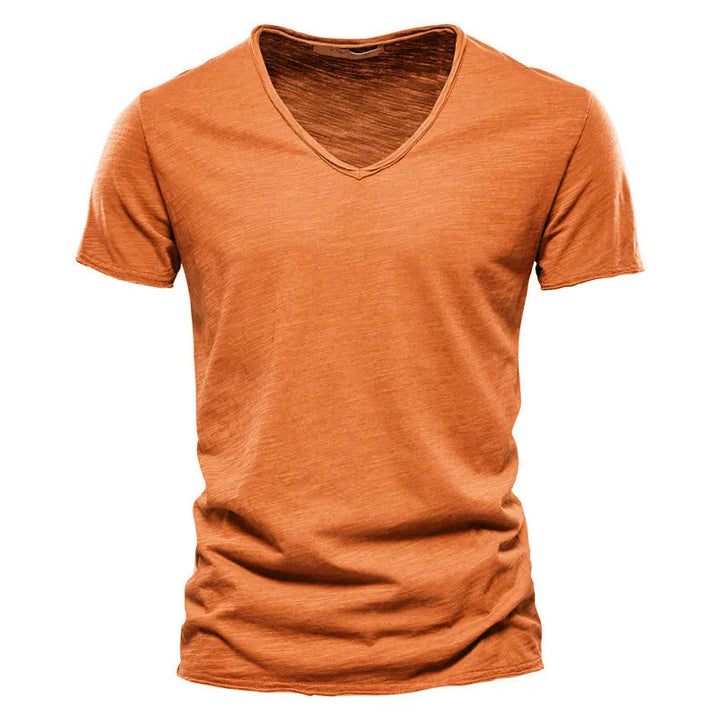 Detail of soft cotton fabric texture on men's V neck casual tshirt