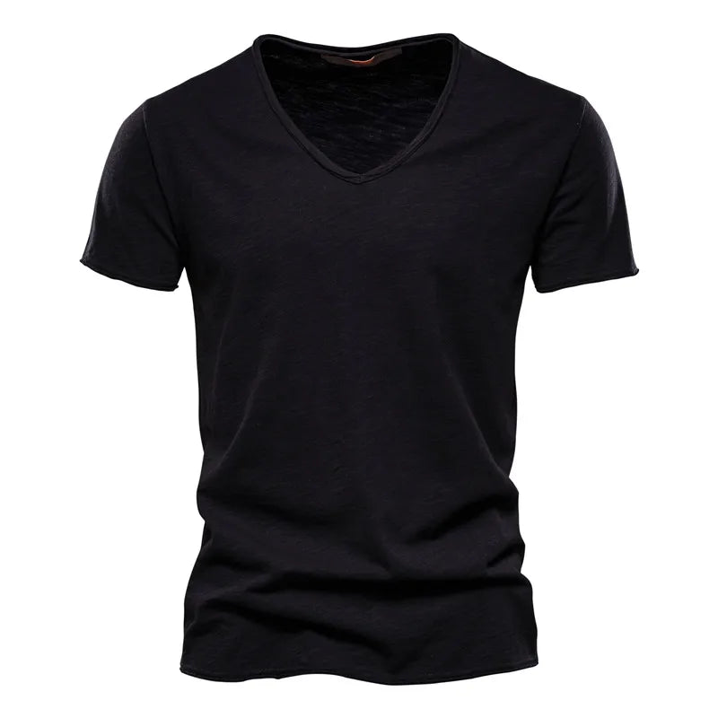 Men's V neck cotton tshirt back view showing standard length and sleeve cut