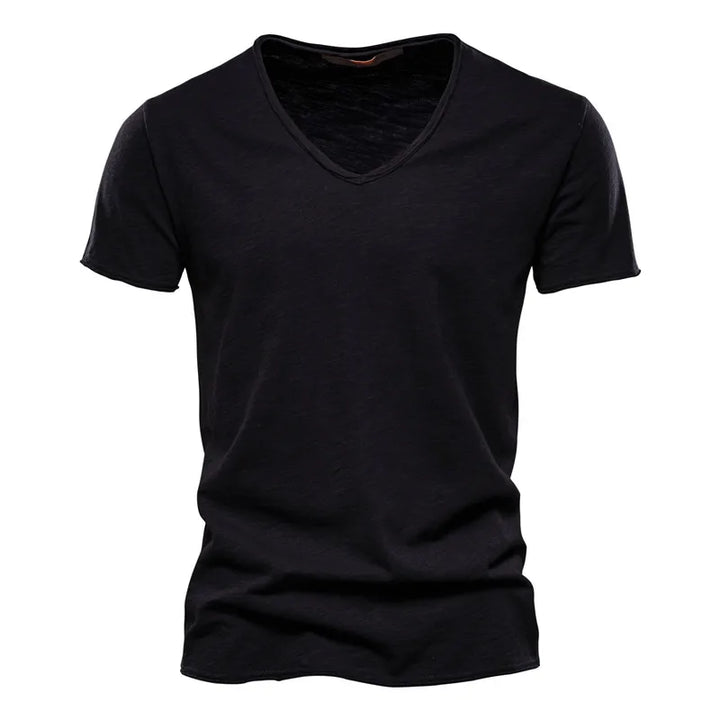 Men's V neck cotton tshirt back view showing standard length and sleeve cut