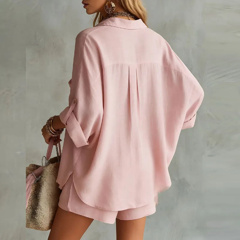 Close-up view of Summer Linen Matching Set showing relaxed fit collared shirt with rolled sleeves and coordinating shorts