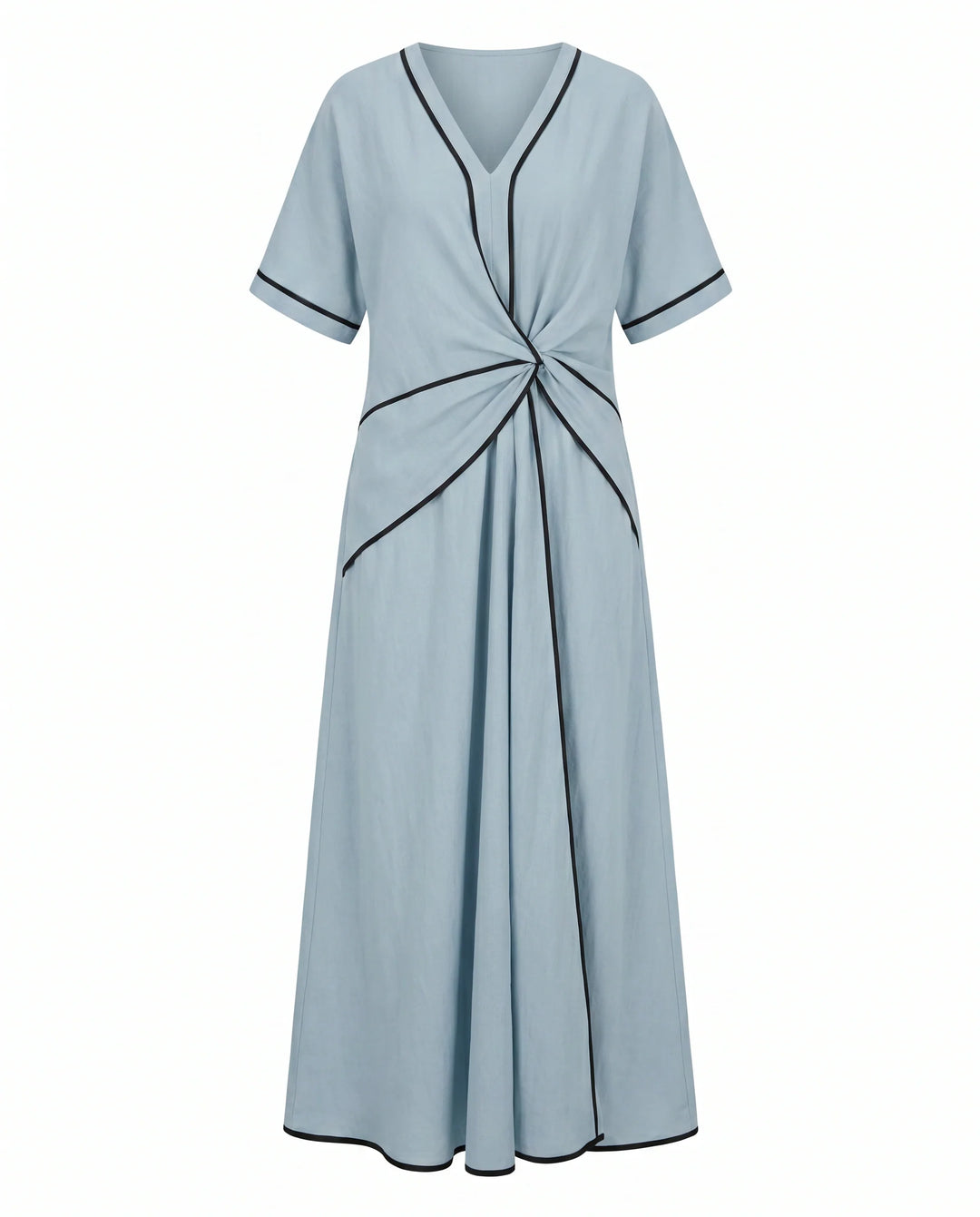 Back view of maxi dress showing flowing A-line silhouette and contrast trim
