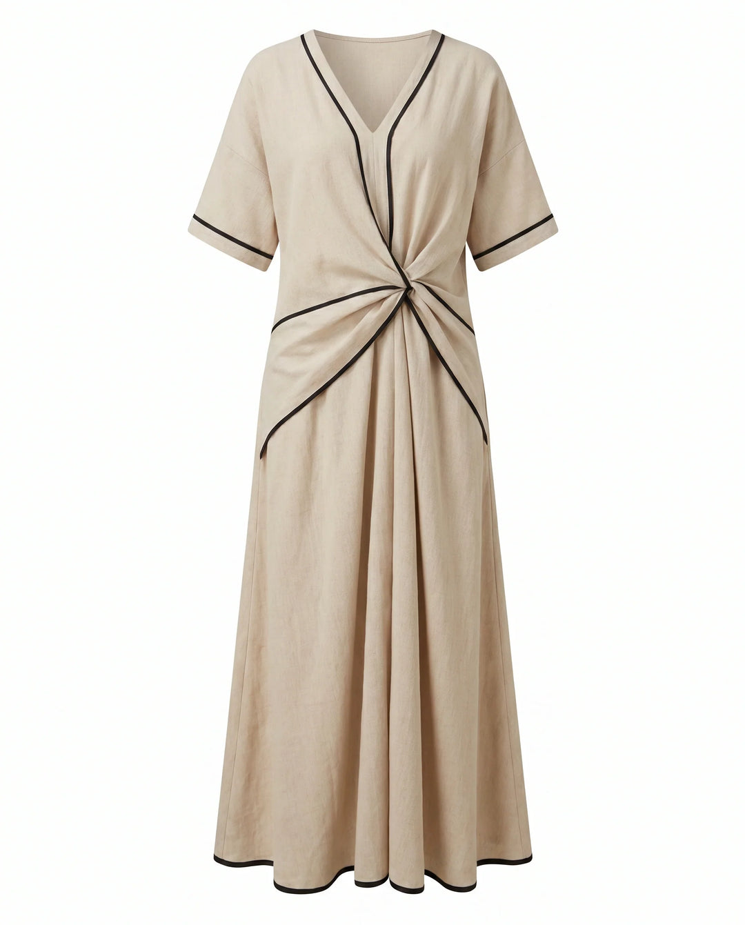Woman wearing beige V-neck twist front maxi dress in relaxed summer setting