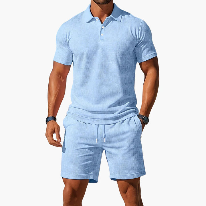 Men's polo shirt and shorts set in light blue textured knit with drawstring waist