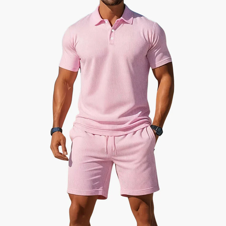 Coordinating men's polo and shorts set displaying textured knit surface finish