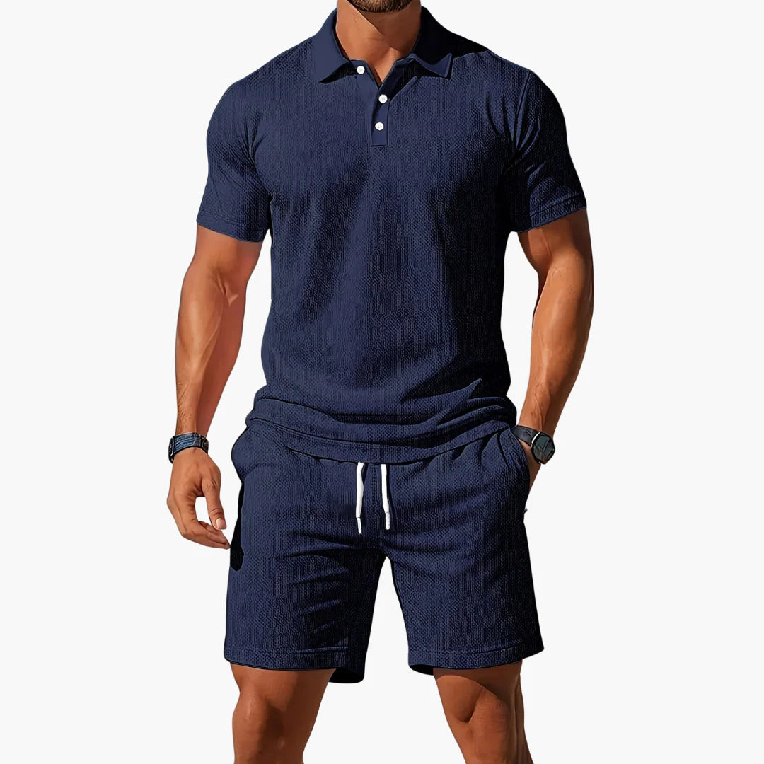 Front view of men's matching polo and shorts set showing classic collar and button placket