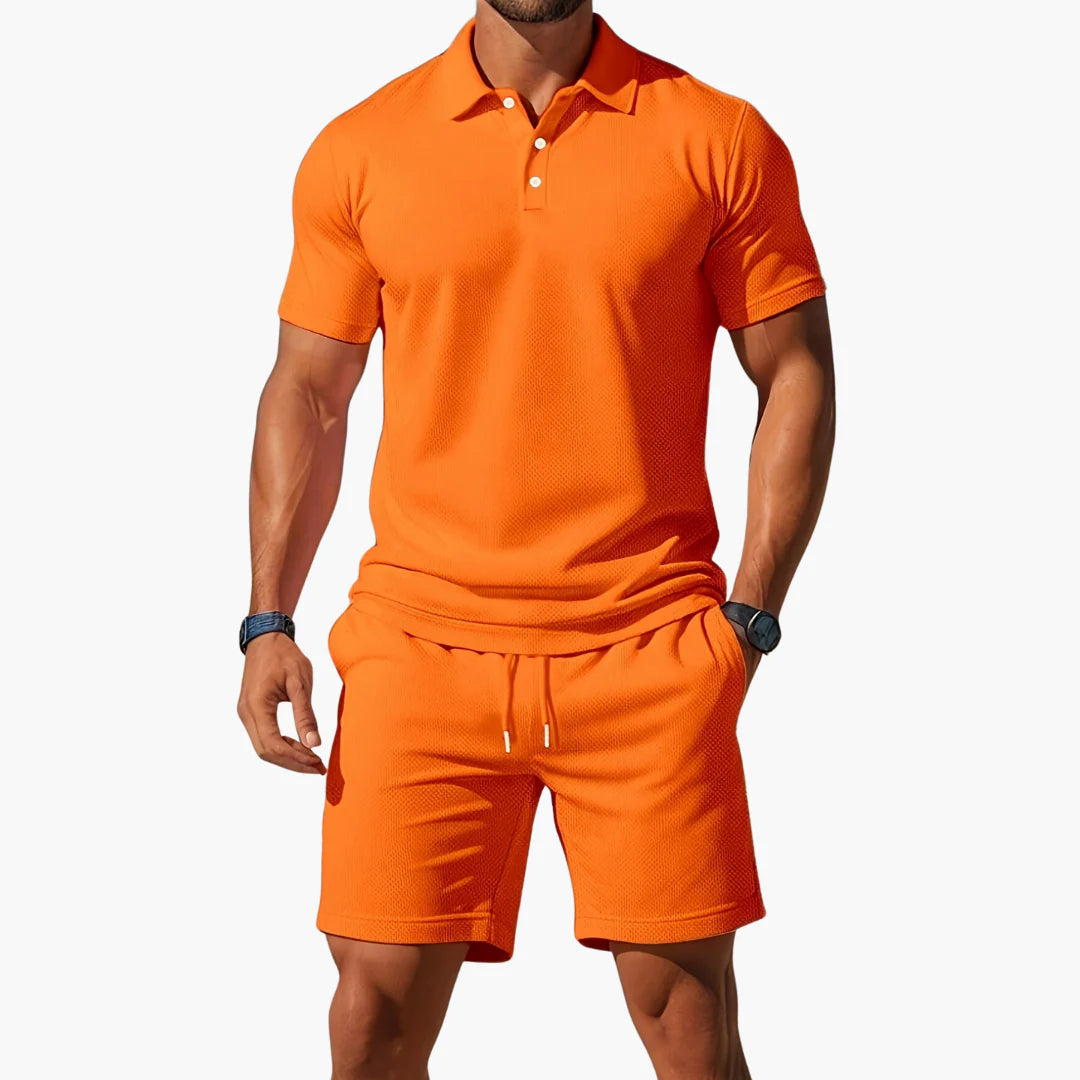 Side angle of men's two piece summer set with textured fabric detail