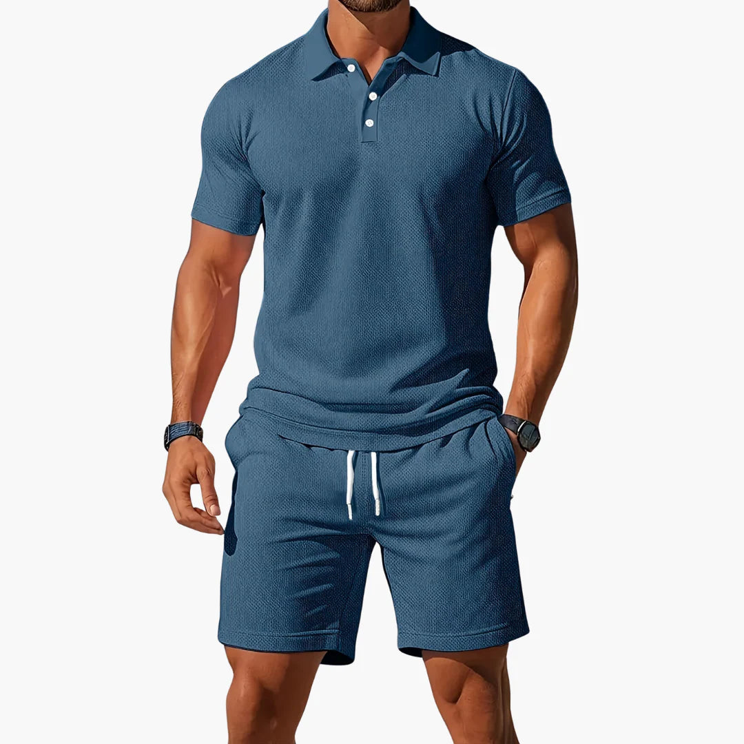 Close-up of polo shirt collar and three-button placket on men's matching set