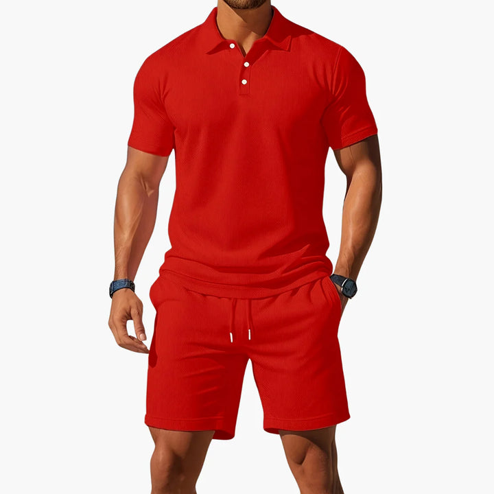 Men's casual polo and shorts set showing relaxed fit and coordinating design