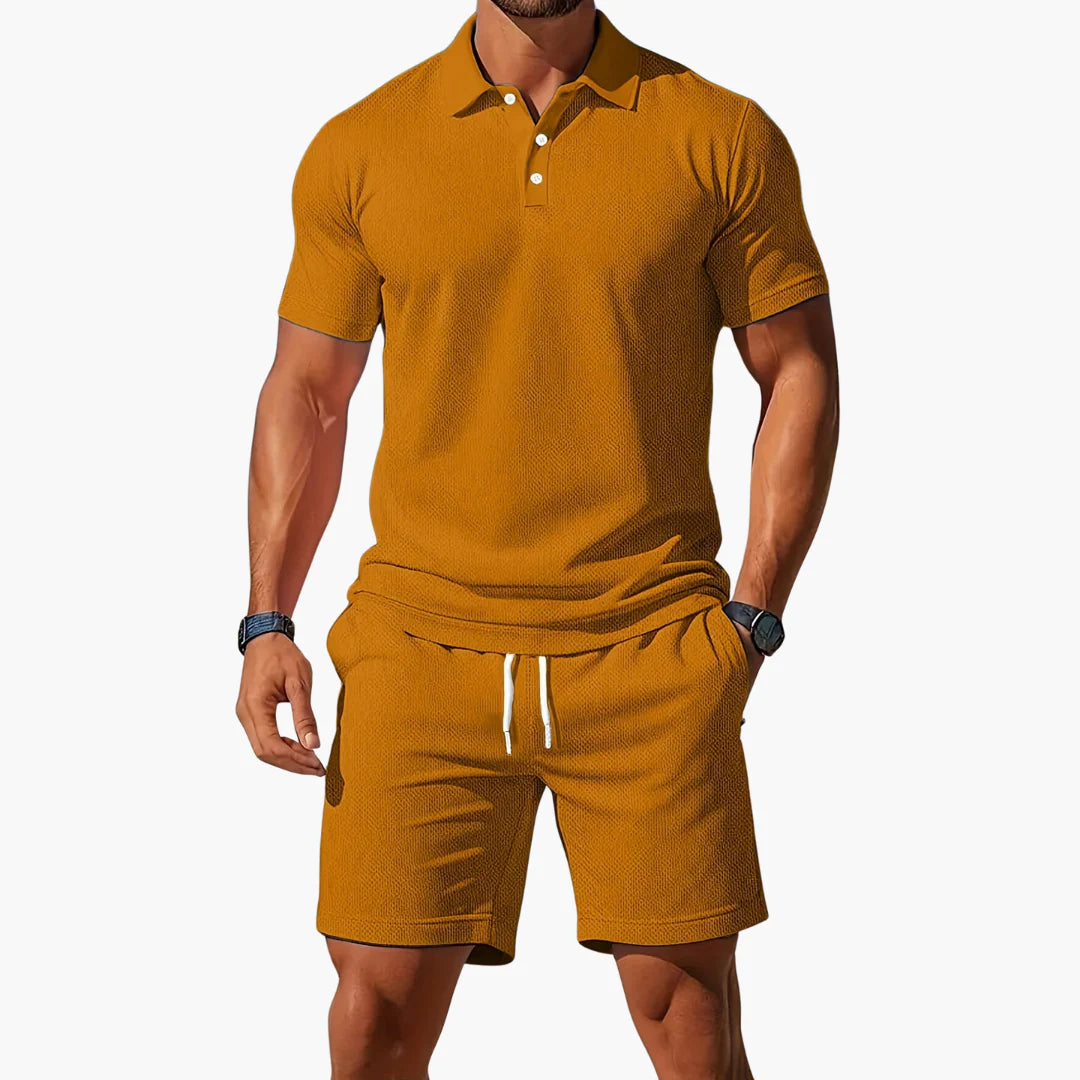 Men's summer set showing polo shirt sleeve and shorts length proportions