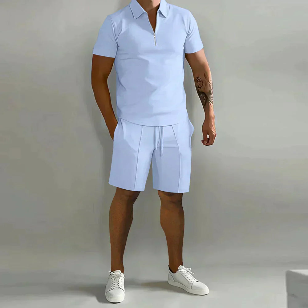 Front view of men's coordinated polo and shorts set in lightweight knit fabric