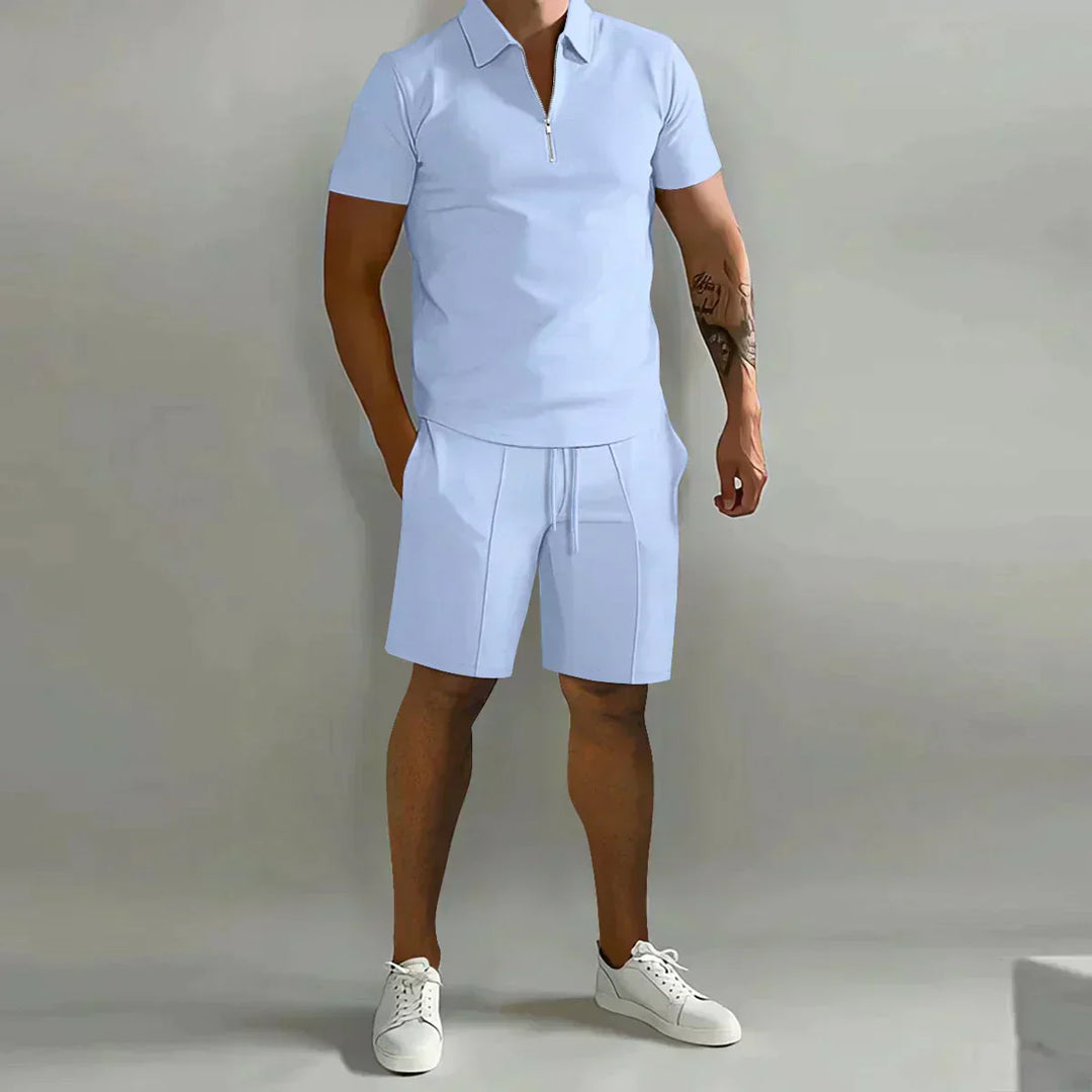 Front view of men's coordinated polo and shorts set in lightweight knit fabric