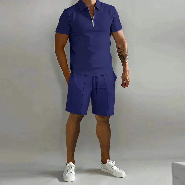 Men's casual two piece outfit with short-sleeve polo and matching shorts