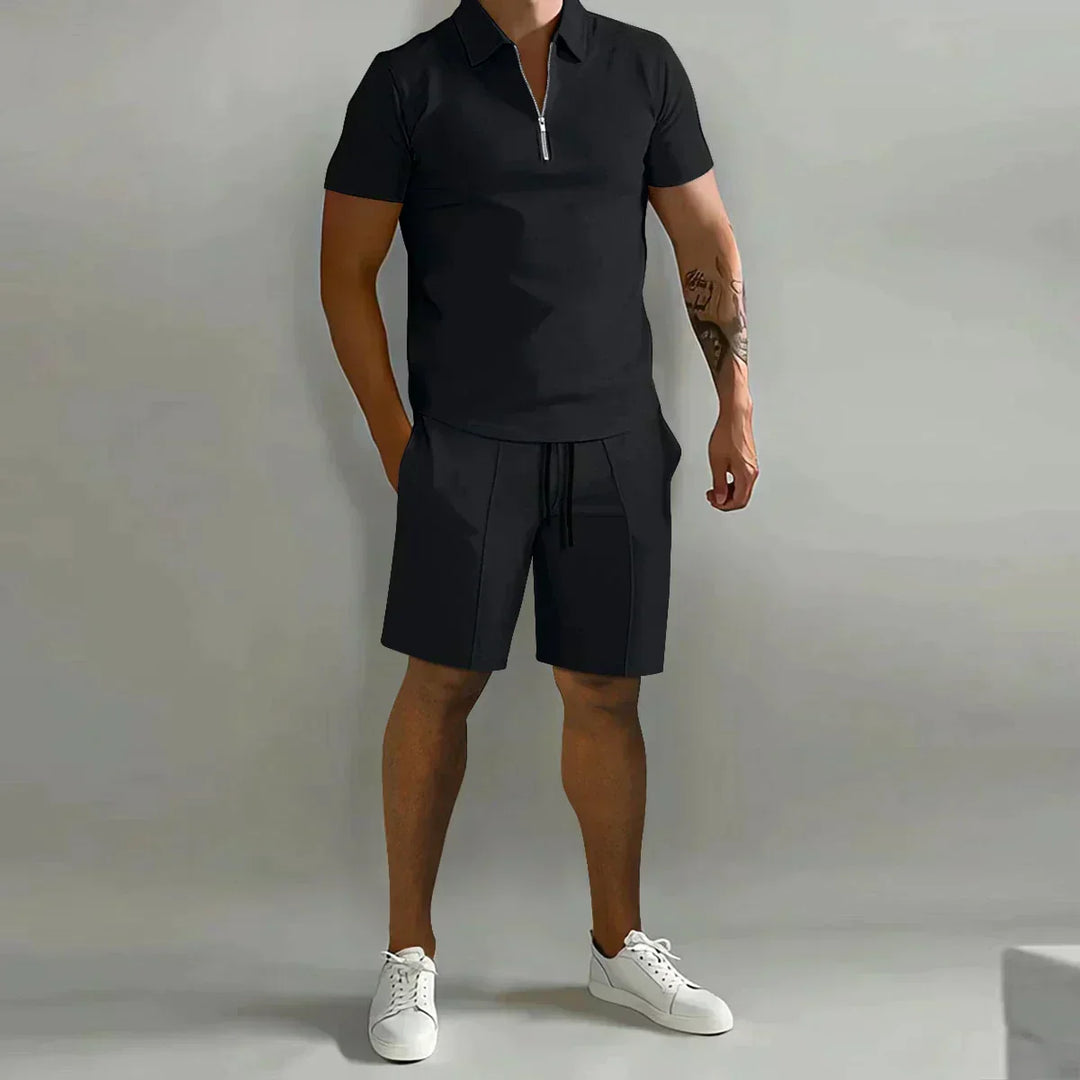 Men's matching polo shirt and shorts set styled with white sneakers