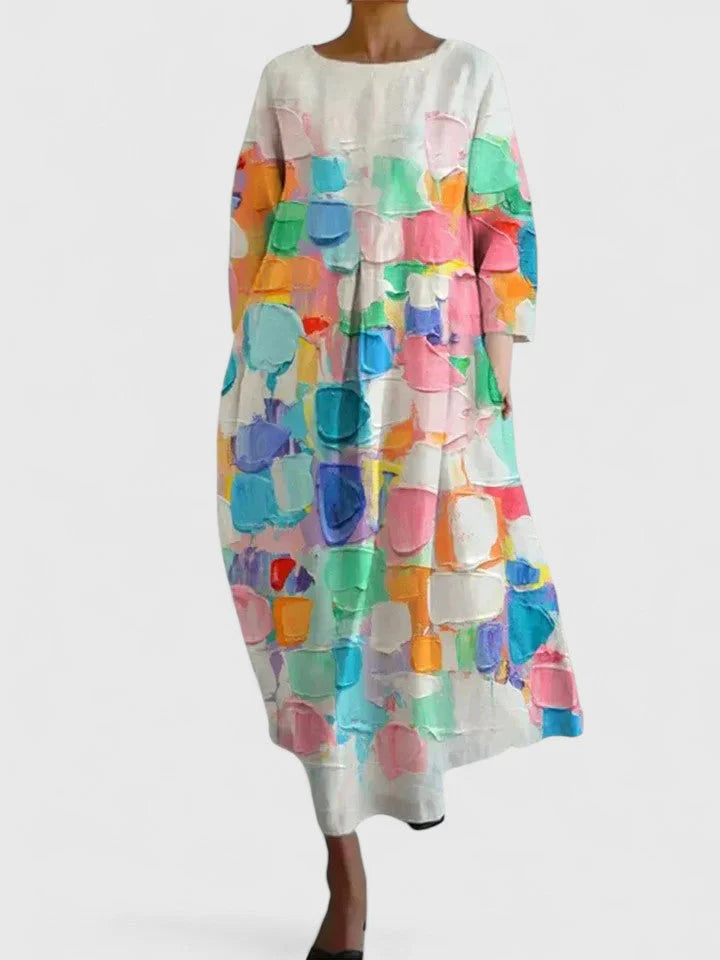 Relaxed A-line summer cotton dress featuring playful turtle motif and three-quarter sleeves