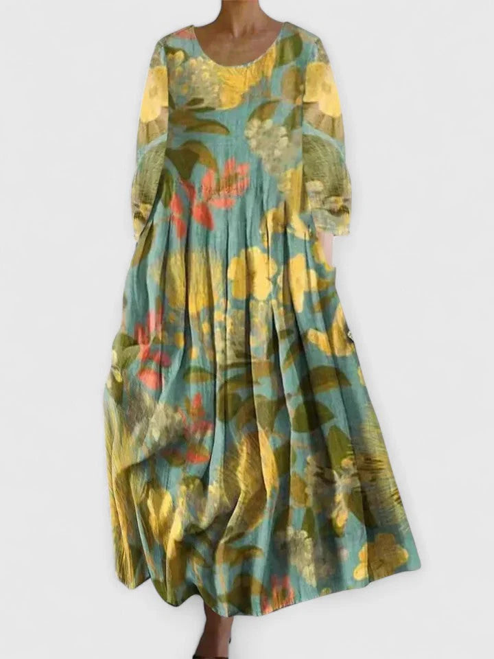 Casual summer cotton dress with boat neckline and colorful turtle design throughout