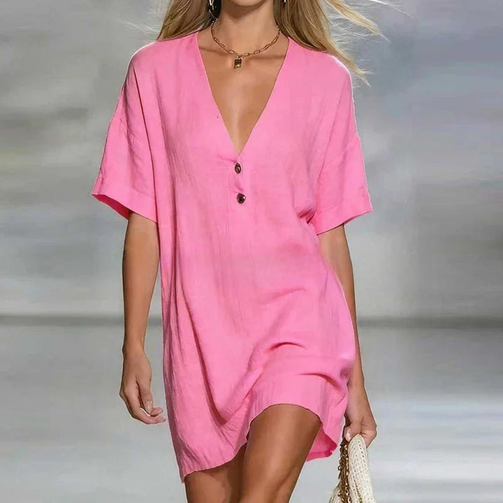 Close-up view of V Neck Linen Shirt Dress showing deep neckline and two-button placket