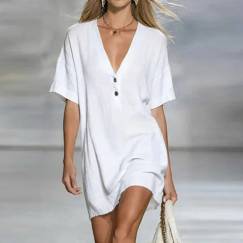 Detail shot of V Neck Linen Shirt Dress fabric texture and relaxed drape