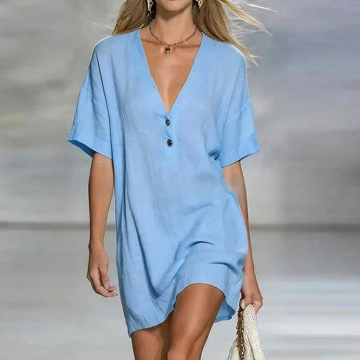 Woman styling V Neck Linen Shirt Dress for casual summer outfit with accessories