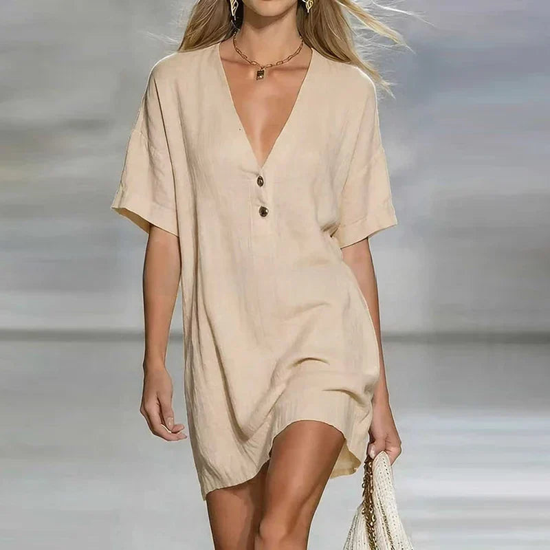 Back view of V Neck Linen Shirt Dress showing loose silhouette and comfortable fit