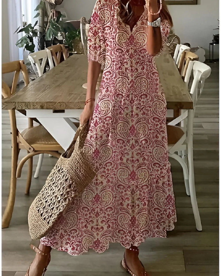 Full-length view of relaxed fit cotton summer dress with all-over ikat-inspired print